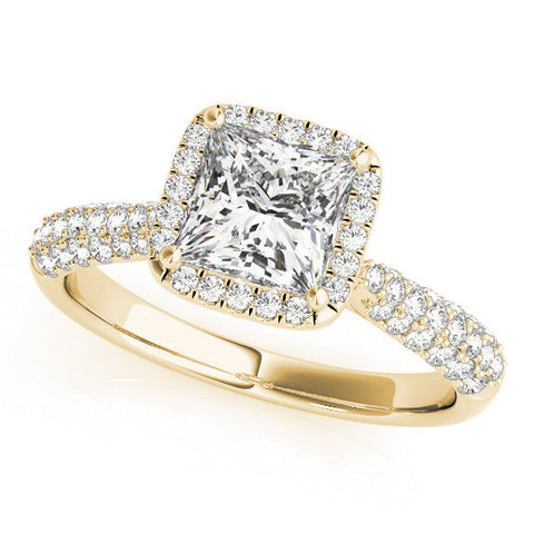 Yellow gold Princess Cut Halo Pave Band Four-Prong Setting Ring