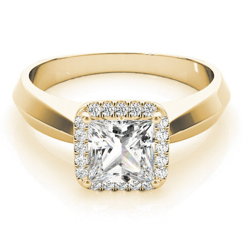 Yellow gold Princess Cut Halo Solitaire Engagement Ring with Square Band and Four-Prong Setting