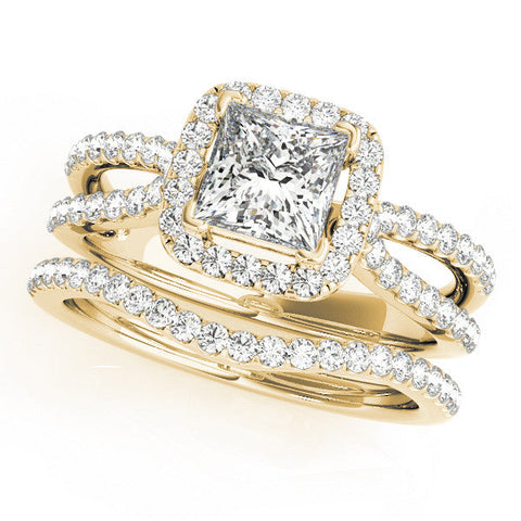 Yellow gold Princess Cut Halo Split Shank Pave Set Ring