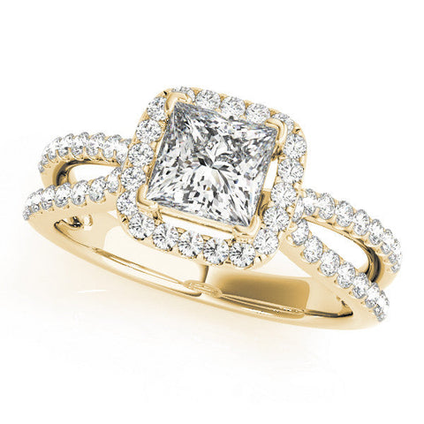 Yellow gold Princess Cut Halo Split Shank Pave Set Ring