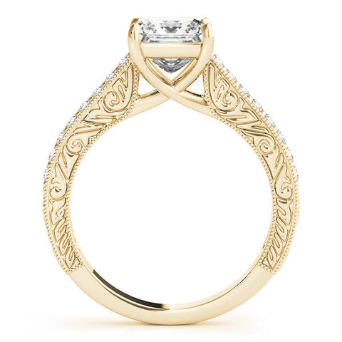 Yellow gold Princess Cut Pave Band Milgrain Solitaire Ring