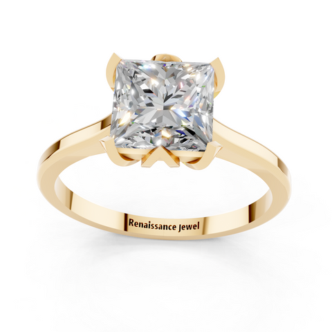 Yellow gold Princess Cut Solitaire Diamond Ring with Flower-Prong Setting and Classic Band