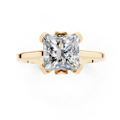Yellow gold Princess Cut Solitaire Diamond Ring with Flower-Prong Setting and Classic Band