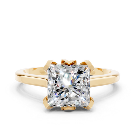 Yellow gold Princess Cut Solitaire Diamond Ring with Flower-Prong Setting and Classic Band
