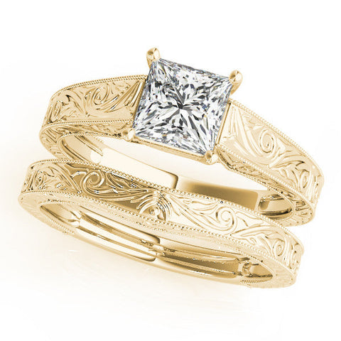 Yellow gold Princess Cut Solitaire Engraved Band with Four-Prong Setting