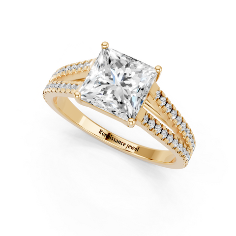 Yellow gold Princess Solitaire Split Shank Pavé Diamond Engagement Ring