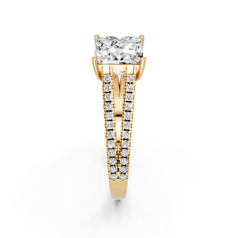 Yellow gold Princess Solitaire Split Shank Pavé Diamond Engagement Ring