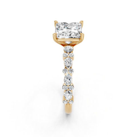 Yellow gold Princess Solitaire with Side Stones, Pave Band, Four-Prong Setting