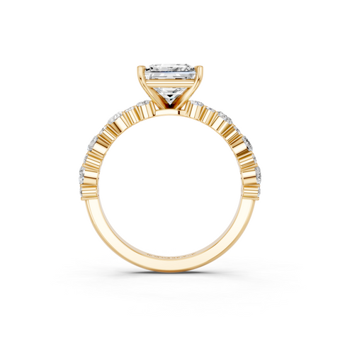 Yellow gold Princess Solitaire with Side Stones, Pave Band, Four-Prong Setting