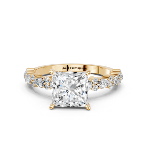 Yellow gold Princess Solitaire with Side Stones, Pave Band, Four-Prong Setting