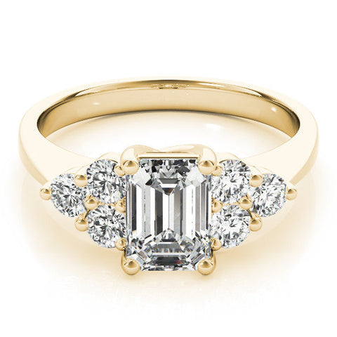 Yellow gold Radiant Cut Diamond Cluster Ring with Round Accent Stones and Prong Setting on a Classic Band