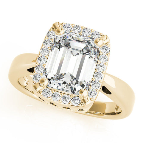 Yellow gold Emerald Cut Diamond Halo Engagement Ring with Split Shank and Four-Prong Setting