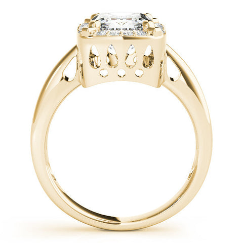 Yellow gold Emerald Cut Diamond Halo Engagement Ring with Split Shank and Four-Prong Setting