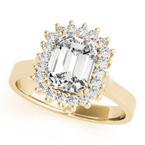 Yellow gold Emerald Cut Diamond Halo Ring with Solitaire Band and Prong Setting