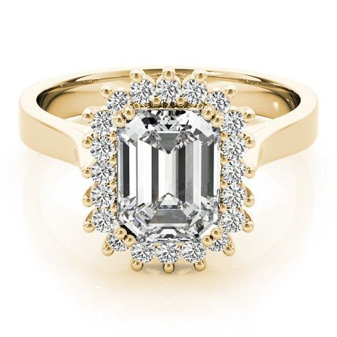 Yellow gold Radiant Cut Diamond Halo Ring with Solitaire Band and Prong Setting