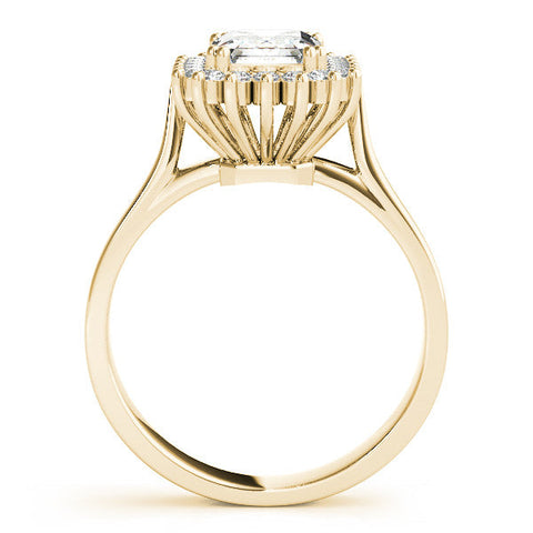 Yellow gold Emerald Cut Diamond Halo Ring with Solitaire Band and Prong Setting