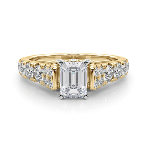 Yellow gold Emerald Cut Diamond Pavé Band Solitaire with Four-Prong Setting