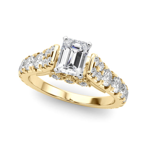 Yellow gold Emerald Cut Diamond Pavé Band Solitaire with Four-Prong Setting