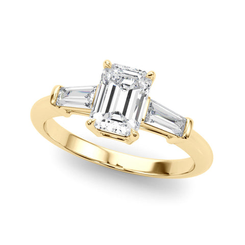 Yellow gold Emerald Cut Diamond Ring with Tapered Baguette Side Stones in Four-Prong Setting