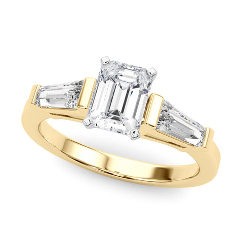 Yellow gold Radiant Cut Diamond Solitaire Ring with Tapered Baguette Accents and Four-Prong Setting