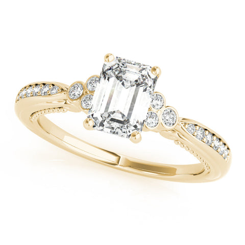 Yellow gold Emerald Cut Diamond Solitaire with Pavé Band and Four-Prong Setting