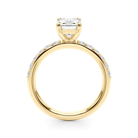 Yellow gold Emerald Cut Diamond Solitaire with Pave Band and Four-Prong Setting