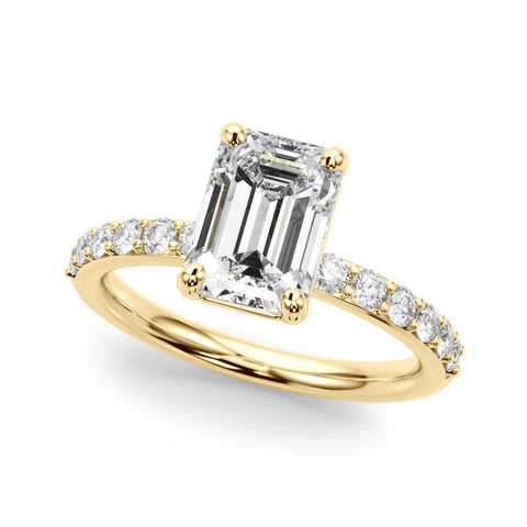 Yellow gold Radiant Cut Diamond Solitaire with Pave Band and Four-Prong Setting