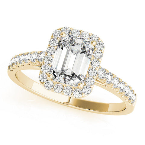 Yellow gold Emerald Cut Halo Diamond Engagement Ring with Pave Band and Four-Prong Setting