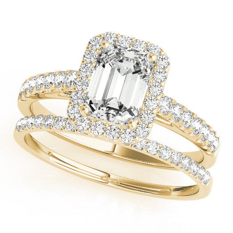 Yellow gold Radiant Cut Halo Diamond Engagement Ring with Pave Band and Four-Prong Setting