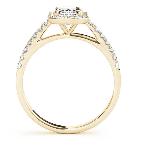 Yellow gold Emerald Cut Halo Diamond Engagement Ring with Pave Band and Four-Prong Setting