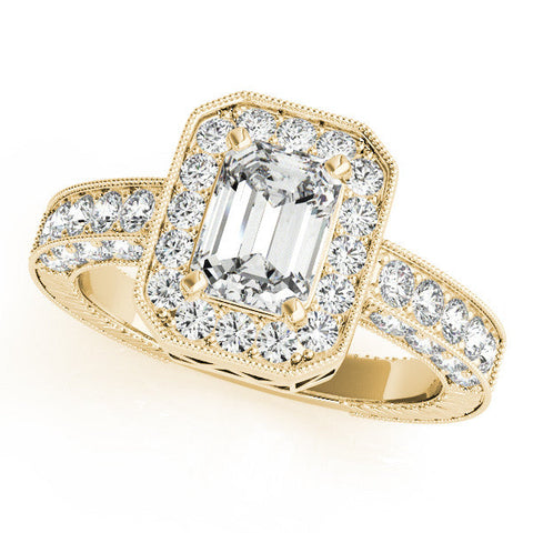 Yellow gold Emerald Cut Halo Diamond Pave Band Ring with Four-Prong Setting