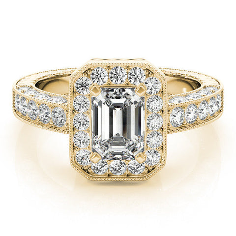 Yellow gold Emerald Cut Halo Diamond Pave Band Ring with Four-Prong Setting