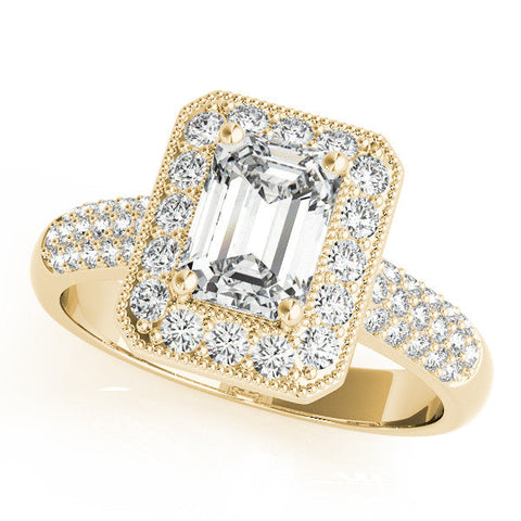 Yellow gold Radiant Cut Halo Diamond Pave Band with Four-Prong Setting