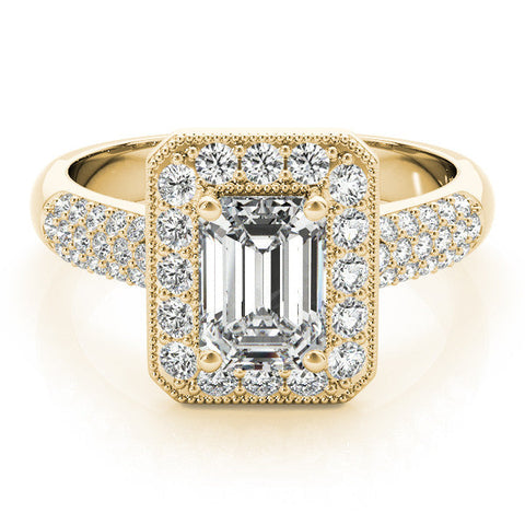 Yellow gold Emerald Cut Halo Diamond Pave Band with Four-Prong Setting