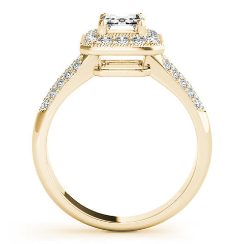 Yellow gold Emerald Cut Halo Diamond Pave Band with Four-Prong Setting