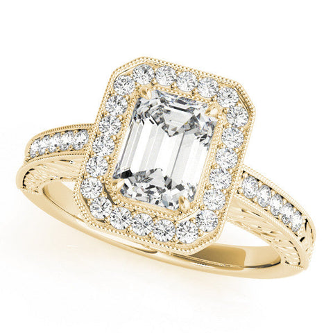 Yellow gold Radiant Cut Halo Diamond Ring with Pavé Band and Four-Prong Setting