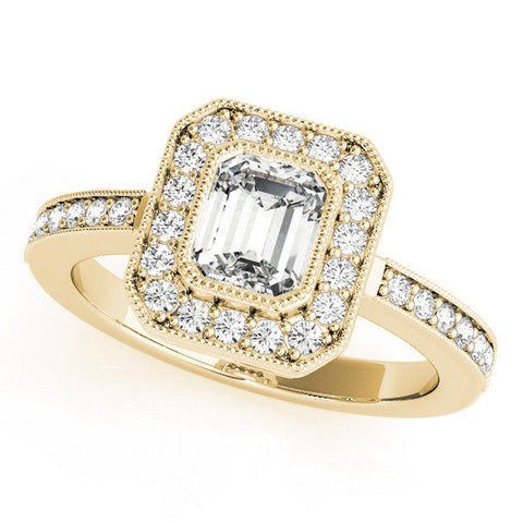 Yellow gold Radiant Cut Halo Diamond Ring with Pavé Band and Milgrain Prong Setting