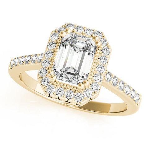 Yellow gold Emerald Cut Halo Diamond Ring with Pave Band and Four-Prong Setting