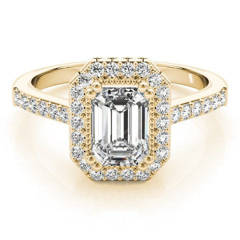 Yellow gold Emerald Cut Halo Diamond Ring with Pave Band and Four-Prong Setting