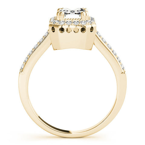 Yellow gold Emerald Cut Halo Diamond Ring with Pave Band and Four-Prong Setting