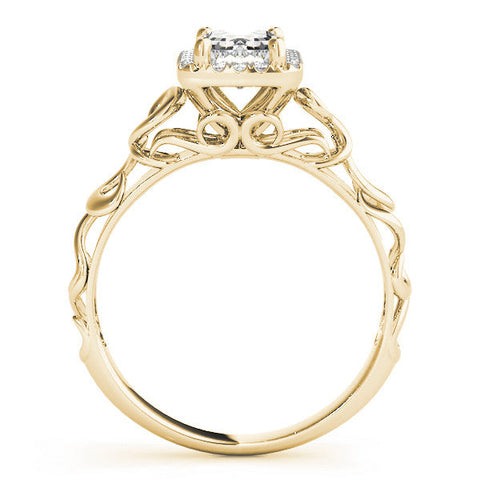 Yellow gold Radiant Cut Halo Diamond Ring with Scrollwork Band and Four-Prong Setting