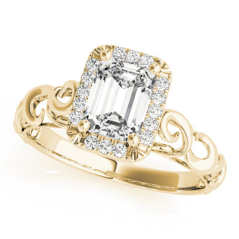 Yellow gold Emerald Cut Halo Diamond Ring with Scrollwork Band and Four-Prong Setting