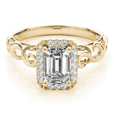 Yellow gold Emerald Cut Halo Diamond Ring with Scrollwork Band and Four-Prong Setting