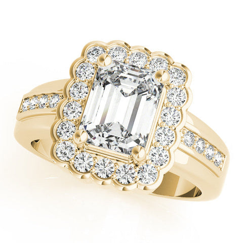 Yellow gold Emerald Cut Halo Pave Band Four-Prong Ring