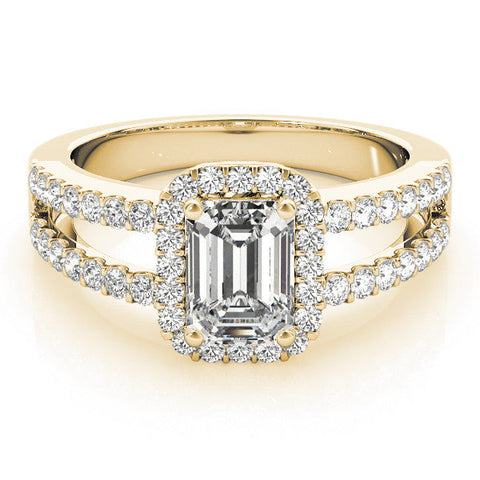 Yellow gold Emerald Cut Halo Split Shank Diamond Ring with Four-Prong Setting