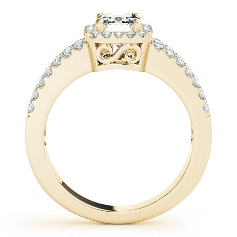 Yellow gold Emerald Cut Halo Split Shank Diamond Ring with Four-Prong Setting