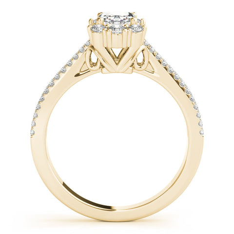 Yellow gold Emerald Cut Halo Split Shank Ring with Prong Setting