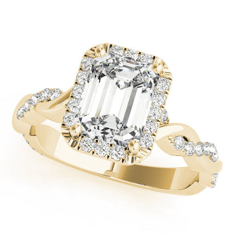 Yellow gold Radiant Cut Halo Twisted Band Four-Prong Ring