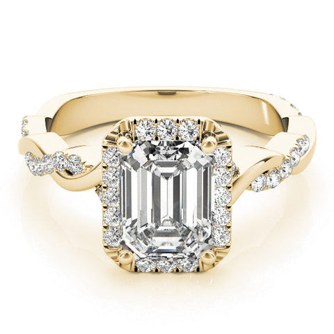 Yellow gold Emerald Cut Halo Twisted Band Four-Prong Ring