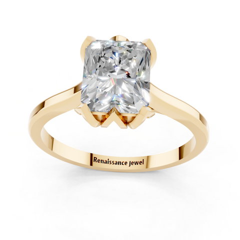 Yellow gold Radiant Cut Solitaire Diamond Ring with Flower-Prong Setting and Classic Band